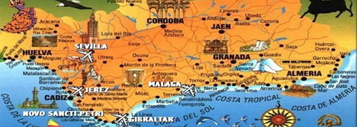 Map of Andalucia showing Malaga and Cadiz provinces